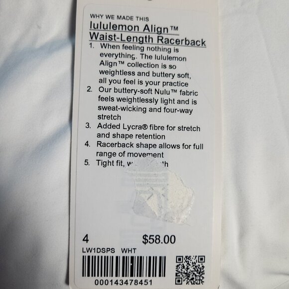 NWT Lululemon Align Waist-Length Racerback Tank Top - 4 White - Picture 6 of 7